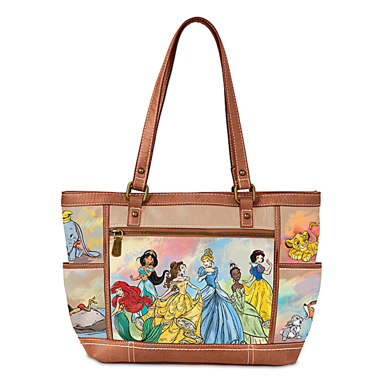Disney Masterpiece Of Magic Beige Faux Leather Designer-Style Handbag  Featuring A Whimsical Watercolor Print & Artwork Of Over 20 Beloved  Characters