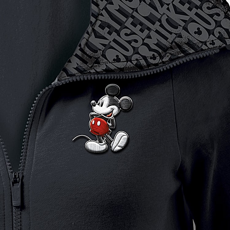 Disney Forever Mickey Mouse Womens Black Cotton Blend Knit Hoodie Featuring Fully Embroidered Artwork Including A Fun Mickey Mouse 1928 Print Pattern