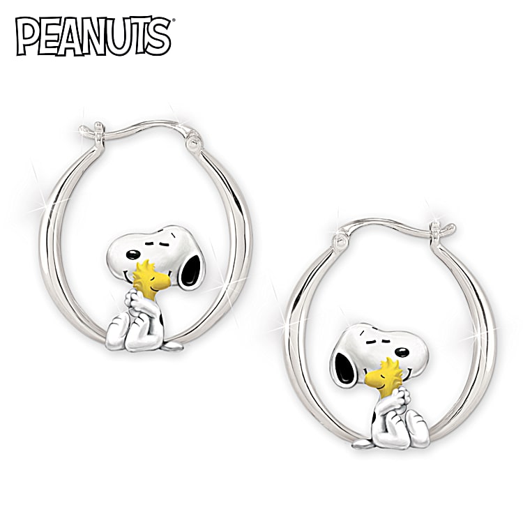 PEANUTS Snoopy And Woodstock Friends Forever Sterling Silver Plated Hoop Earrings