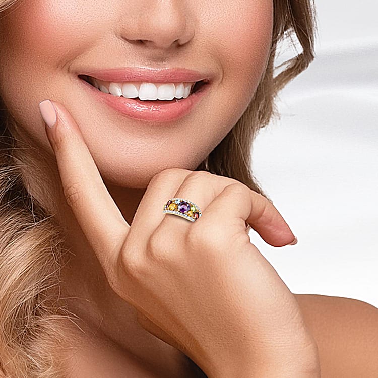 Womens 18K Gold-Plated Gemstone Ring Adorned With 11