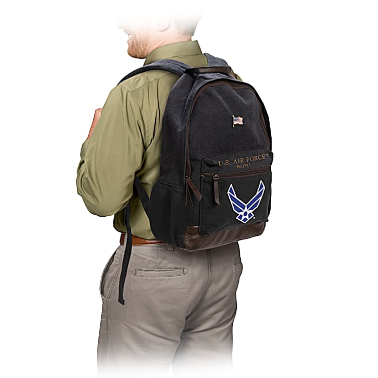 U.S. Air Force Black Canvas Backpack Featuring An Embroidered USAF