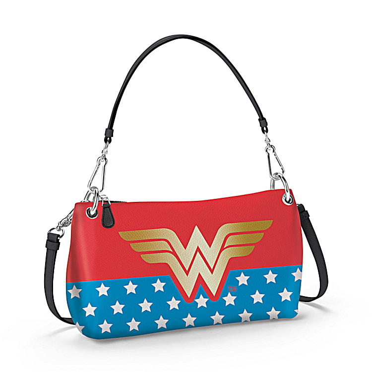 DC Comics Wonder Woman Convertible Handbag Featuring The Iconic Wonder Woman Logo In Gold With A Patriotic Background