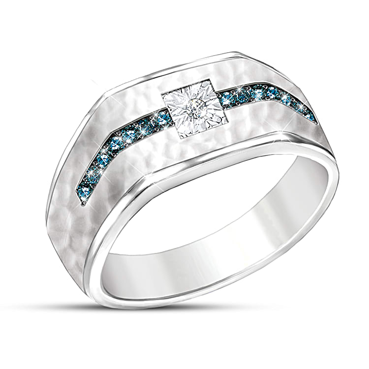 The Apex Sterling Silver Ring Featuring A Hammered Texture Adorned With A White Solitaire Diamond Surrounded