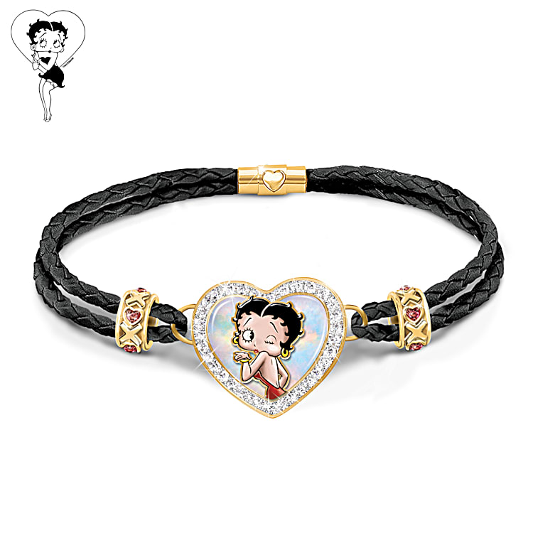 XOXO Betty Boop Black Leather Bracelet Featuring A Heart-Shaped Charm Set  With A Mother-Of-