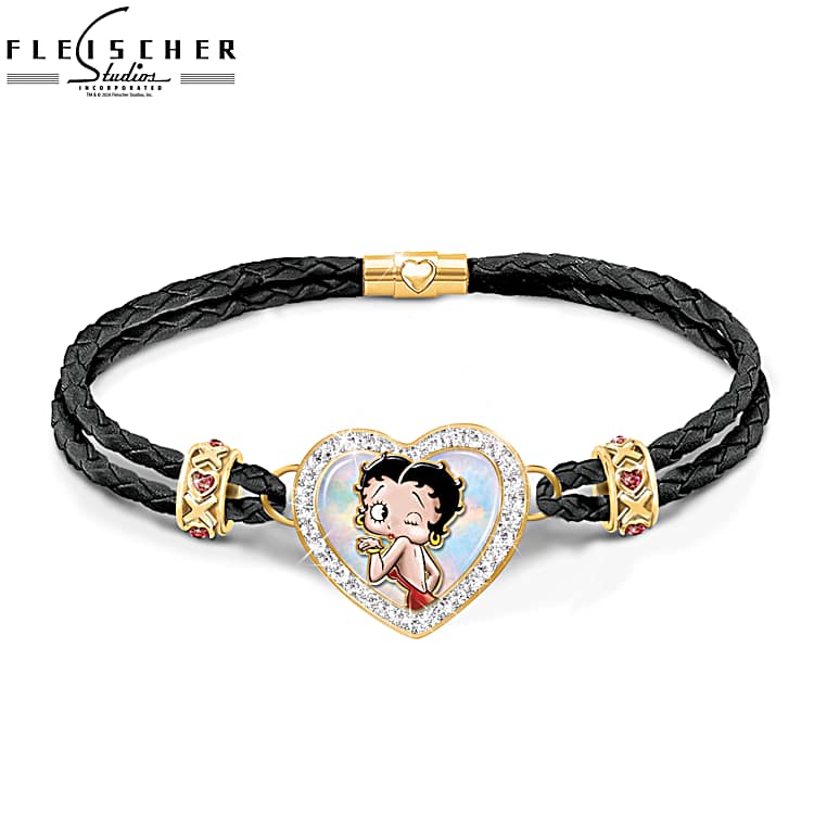 XOXO Betty Boop Black Leather Bracelet Featuring A Heart-Shaped Charm Set  With A Mother-Of-