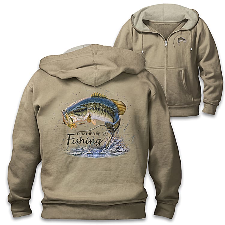 Fish On Mens Full Zip Hoodie Featuring Fishing Art By Artist Al Agnew With An Avid Anglers Favorite Sentiment Id Rather Be Fishing On The Back