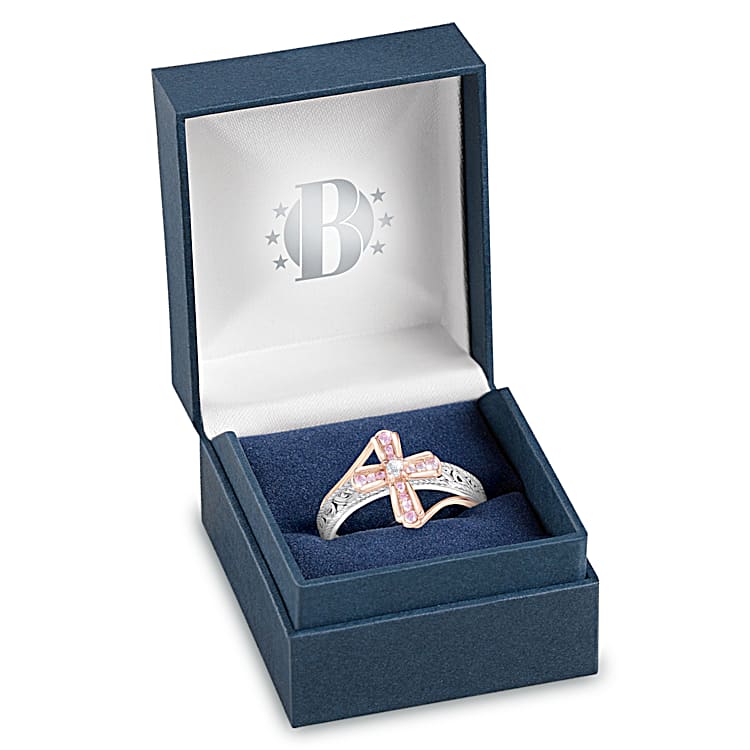 Sterling Silver Cross Ring With 18K Rose-Gold Accents And 15 Pink 