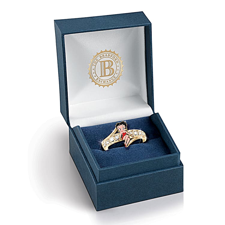 Queen Of Class Womens Sterling Silver Betty Boop Ring Plated In 18K Gold Adorned With 10 White Topaz Stones