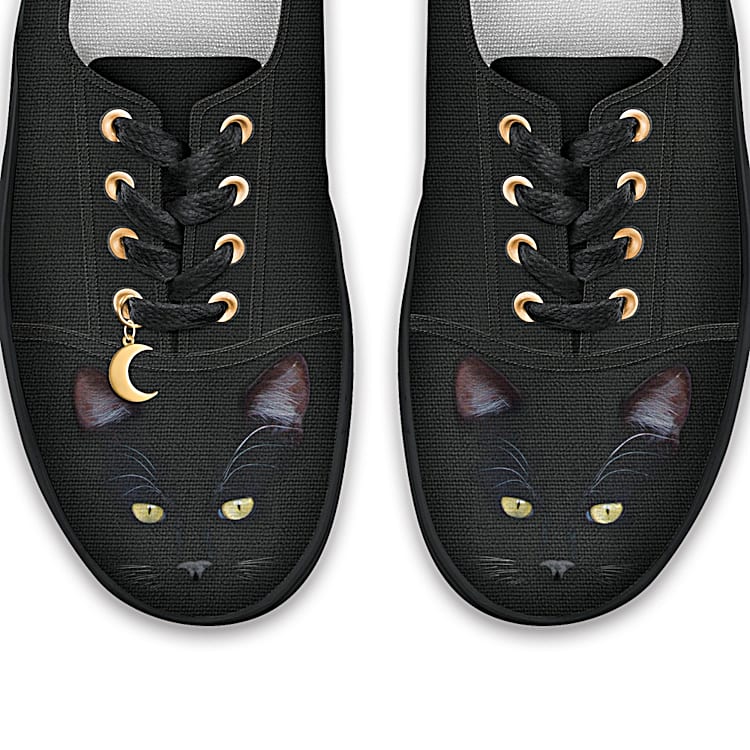 MystiCool Cat Womens Cat Themed Black Canvas Shoes With Gold Toned Crescent Moon Charm