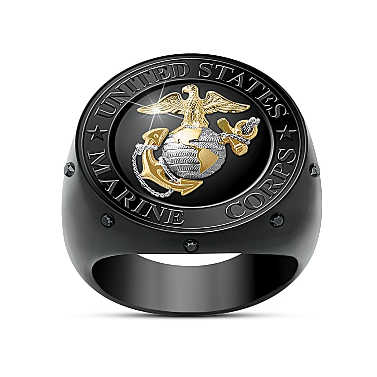 Semper Fidelis U.S. Marine Corps Stainless Steel Black Ring Ion-Plated With  24K Gold- And Silver-Plated Accents And Adorned With 8 Black Sapphires