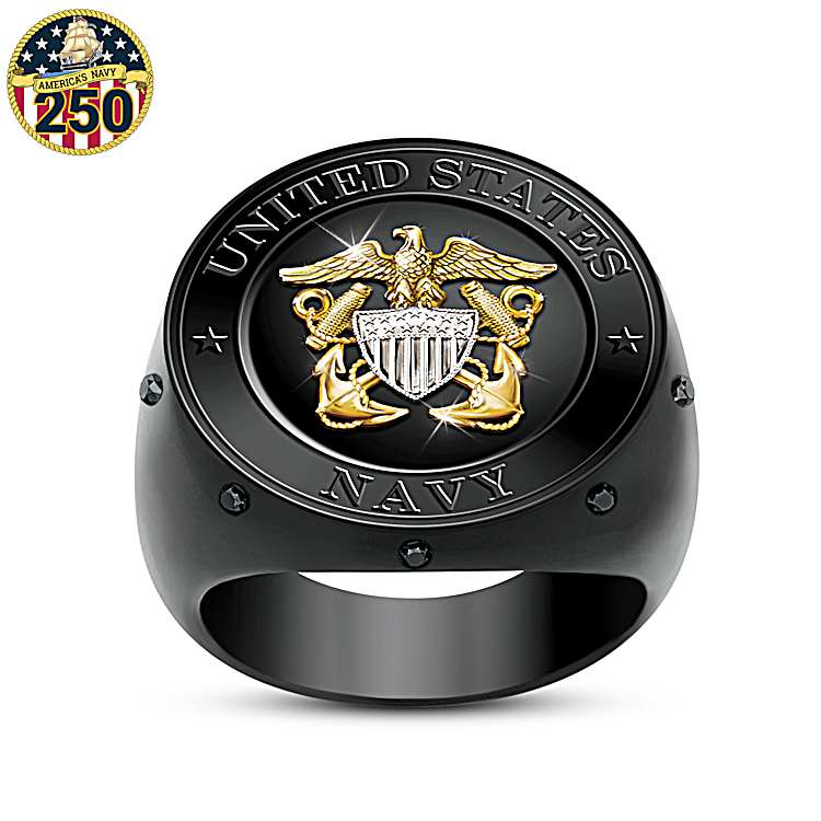Mens Jet Black U.S. Navy Ring Adorned With The U.S. Navy Emblem And 8 Black Sapphires