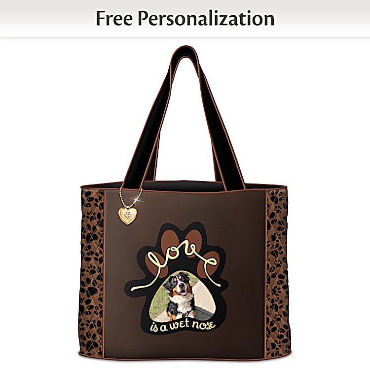 Love Is A Wet Nose Personalized Diamond Quilted Tote Bag With A Paw Print Pattern Golden Heart Shaped Charm Featuring An Image Upload Of Your Dog