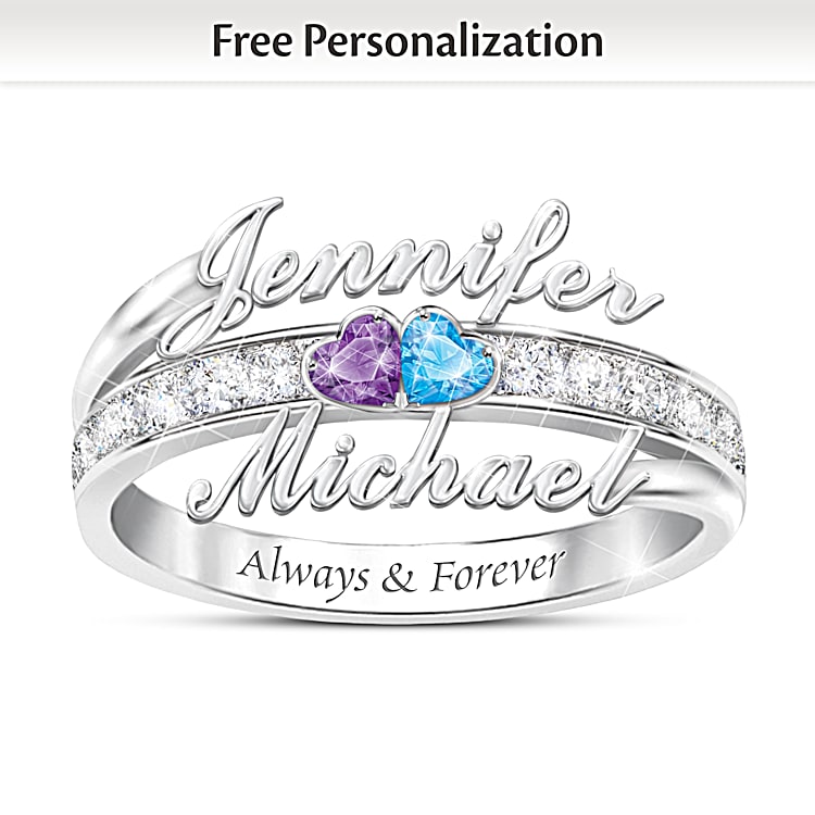 Forever Us Womens Personalized Sterling Silver Ring Featuring 2 Heart Shaped Crystal Birthstones A Band Adorned With A Pave Of Clear Crystals