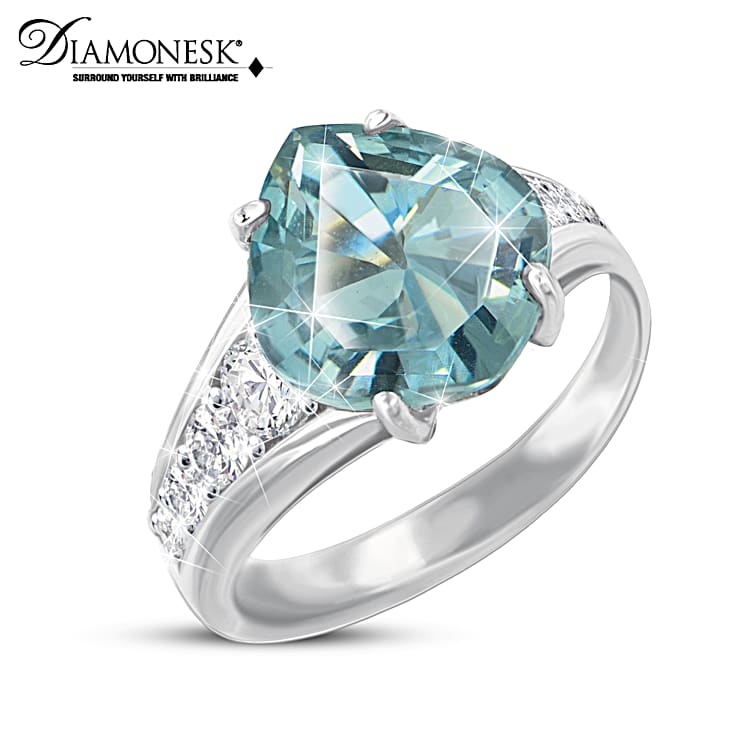 Womens Platinum Plated Simulated Blue Green Diamond Ring With Simulated White Diamond Accents
