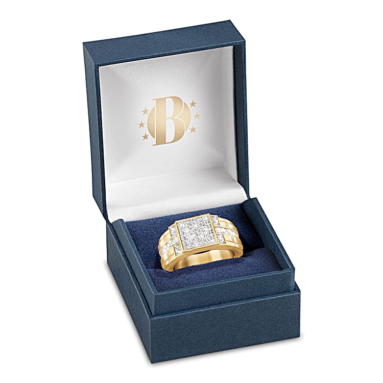 18K Plated Gold Ring Featuring A Square Shaped Centerpiece Filled With A Pave Of Diamonds