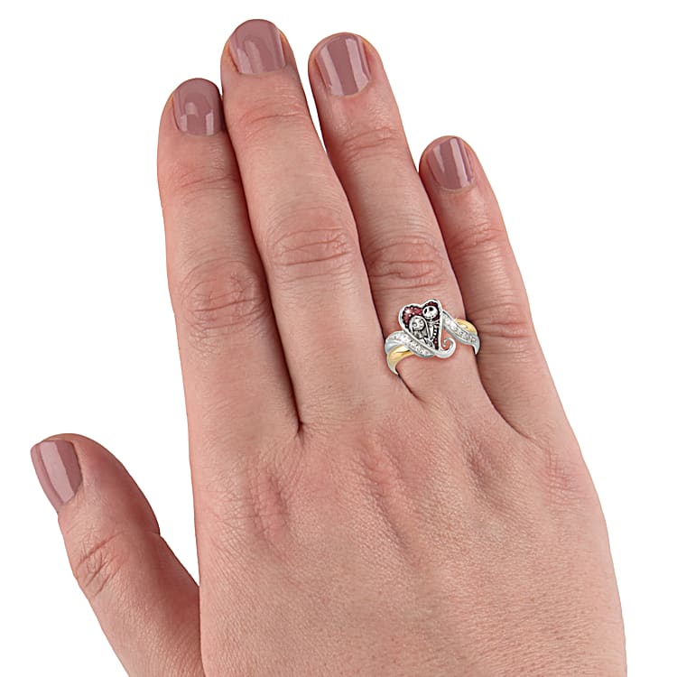 Disney Tim Burtons The Nightmare Before Christmas Embrace Womens Sterling Silver Ring Featuring Simulated Gemstones 18K Gold Plated Accents