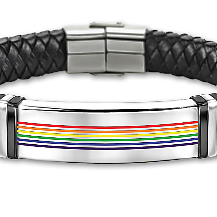 Love Is Love Black Leather LGBTQ IA Pride Bracelet Featuring An Enamelled Rainbow Design