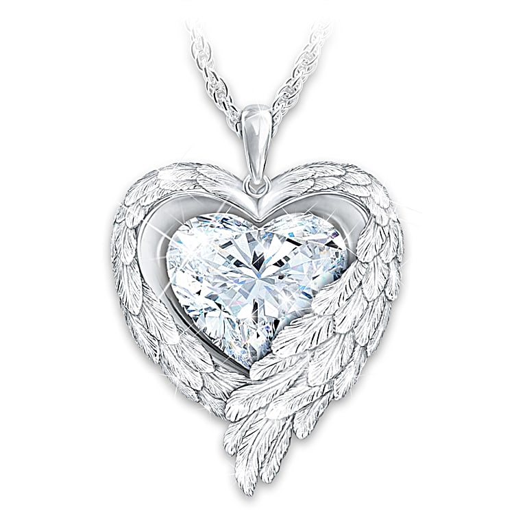 Love Lives On Forever Womens Sterling Silver Remembrance Pendant Necklace Featuring A Heart Shaped Crystal Within Sculpted Angel Wings