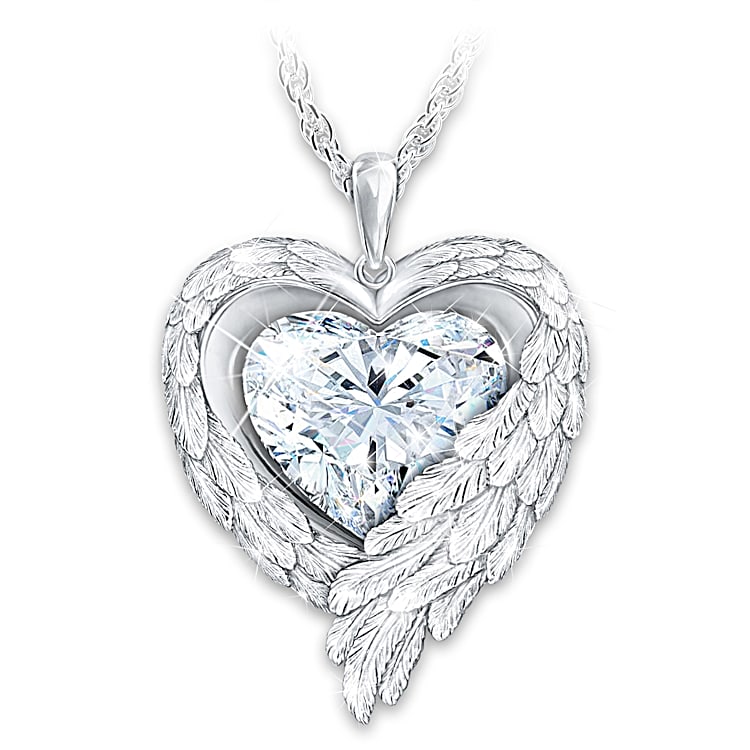 Heart Locket Necklace Angel & Crystals Sterling Silver