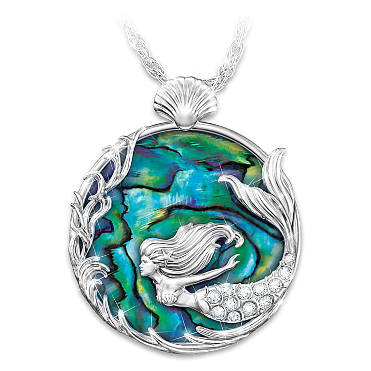 Fantasy Of The Sea Sterling Silver Plated Round Pendant Necklace With An Abalone Shell Inlay Featuring