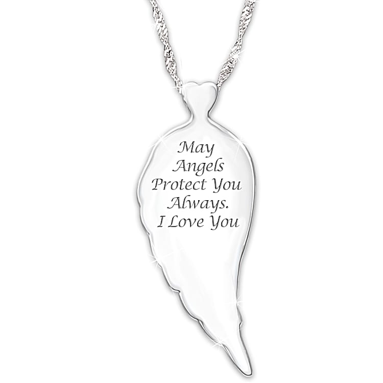 Protection For My Daughter Sterling Silver Guardian Angel Pendant Necklace Featuring An Angel Wing Design Adorned With Over 20 Crystals