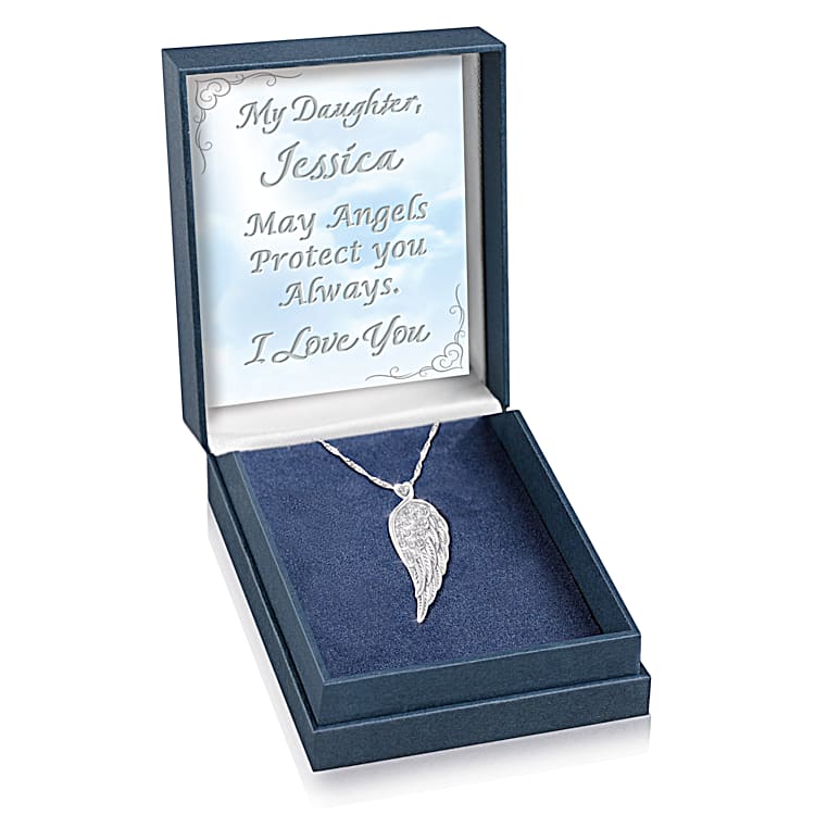 Protection For My Daughter Sterling Silver Guardian Angel Pendant Necklace Featuring An Angel Wing Design Adorned With Over 20 Crystals