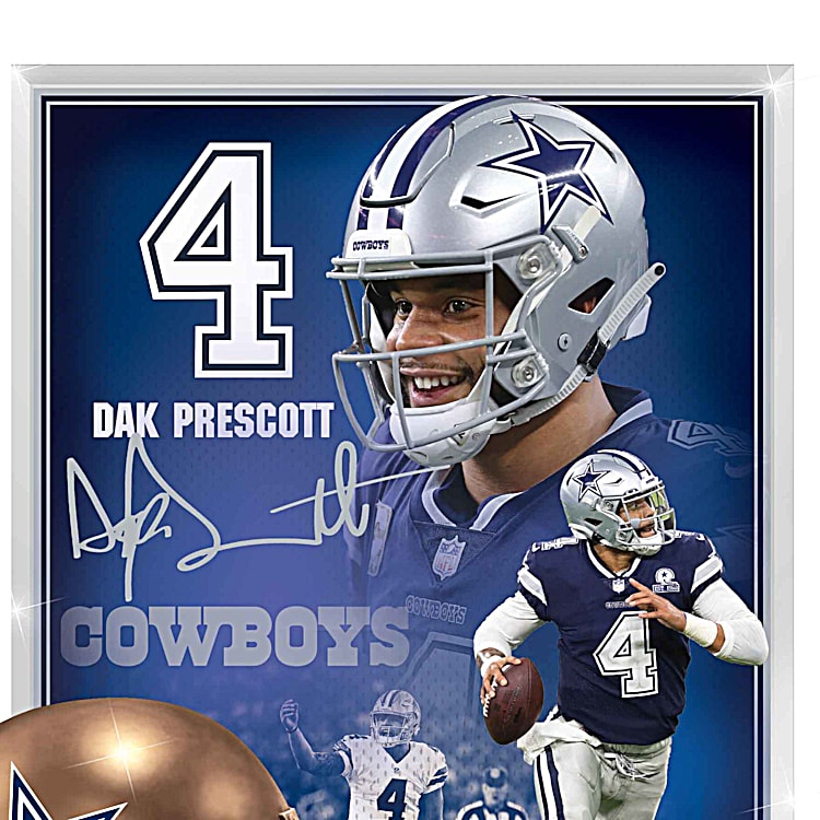 Dallas Cowboys Dak Prescott NFL Sculpture Featuring A Glass Panel With  Images Of The QB And Sculpted Cowboys Helmet Atop A Mahogany-Finished Base