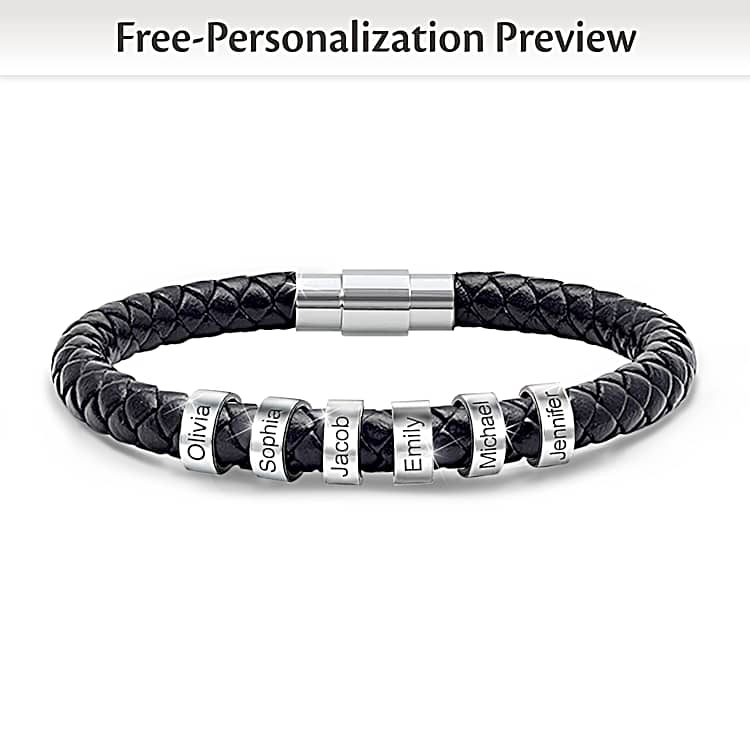 Braided Black Leather Bracelet Adorned With Up To 6 Rondelle Stainless Steel Beads Etched With Names