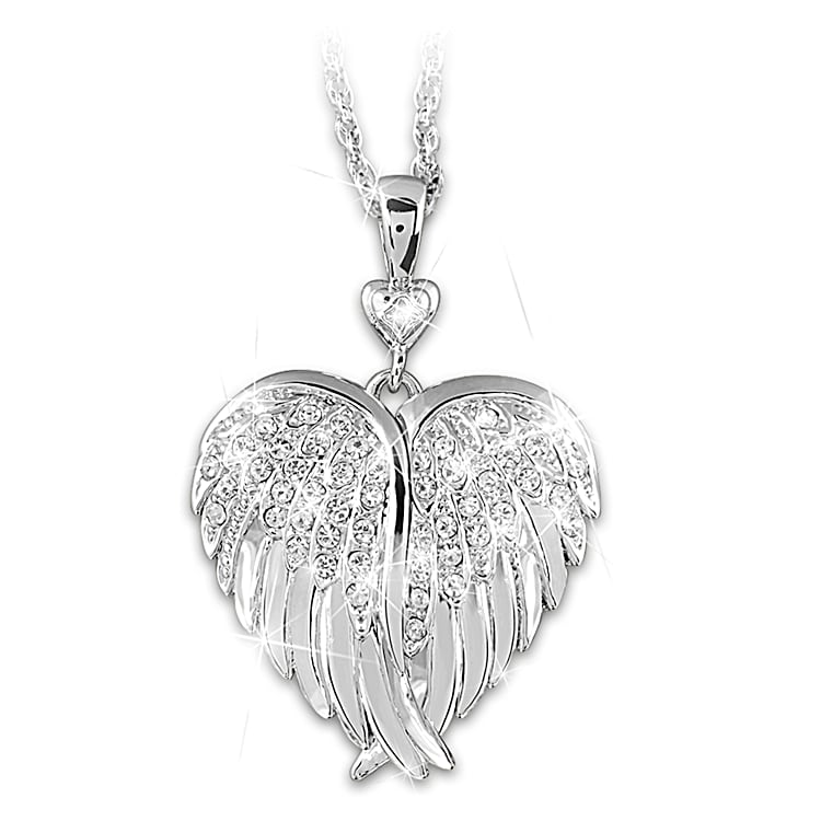 Heart Locket Necklace Angel & Crystals Sterling Silver