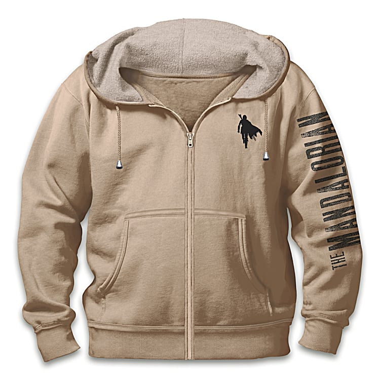 The Mandalorian Mens Hoodie Tan Knit Cotton Blend Featuring Mando With His Bounty On The Back A Bounty Hunter Action Silhouette On The Front