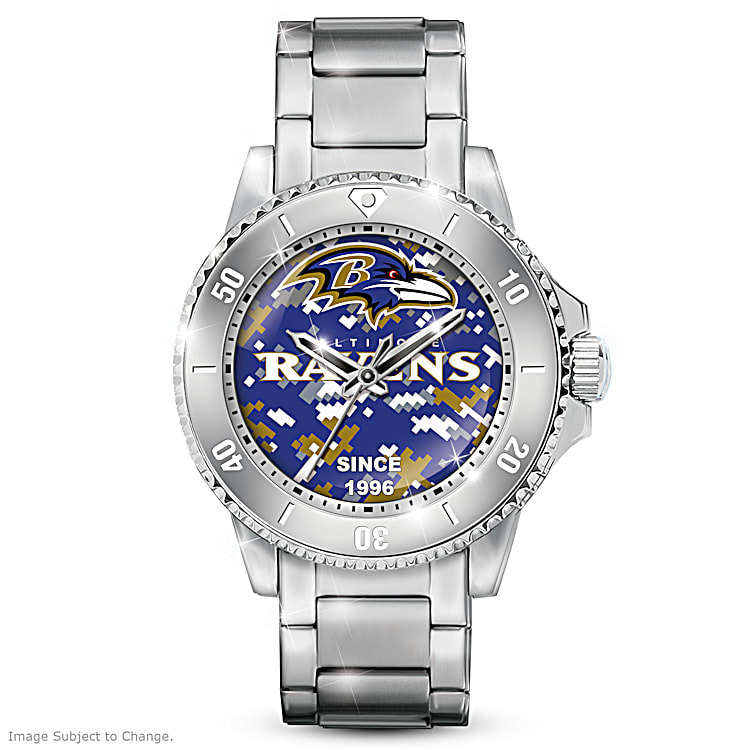 Baltimore Ravens Mens Stainless Steel Watch Featuring A Digital Camo Print On The Center Dial In Team Colors