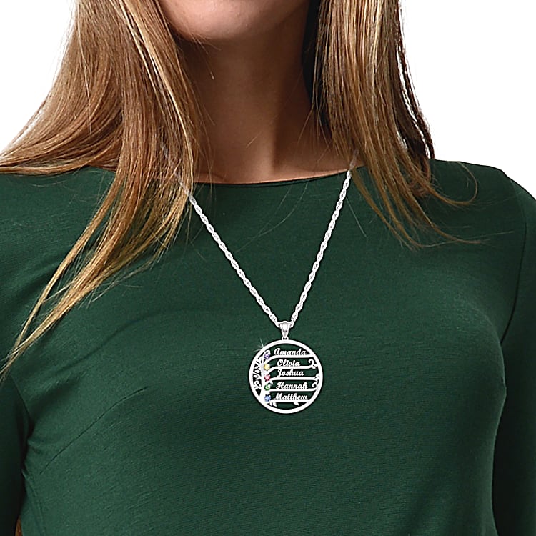 Round Platinum Plated Family Tree Pendant Adorned With Sculpted Names And Crystal Birthstone Accents