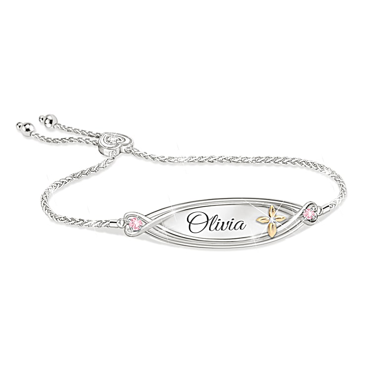 Personalized bolo bracelet featuring a diamond and crystals. Personalized jewelry with a cross is a gift for granddaughters