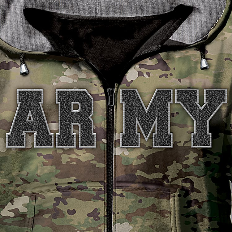 Military Camo U.S. Army Mens Cotton Blend Full Zip Hoodie Featuring A Tonal Gray And Green Camouflage Print Design With A Thermal Knit Lined Hood