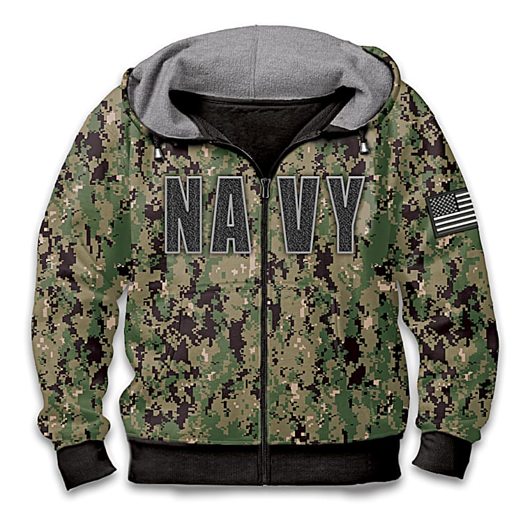 Military Camo U.S. Navy Mens Cotton Blend Full Zip Hoodie Featuring A Tonal Gray And Green Camouflage Print Design With A Thermal Knit Lined Hood