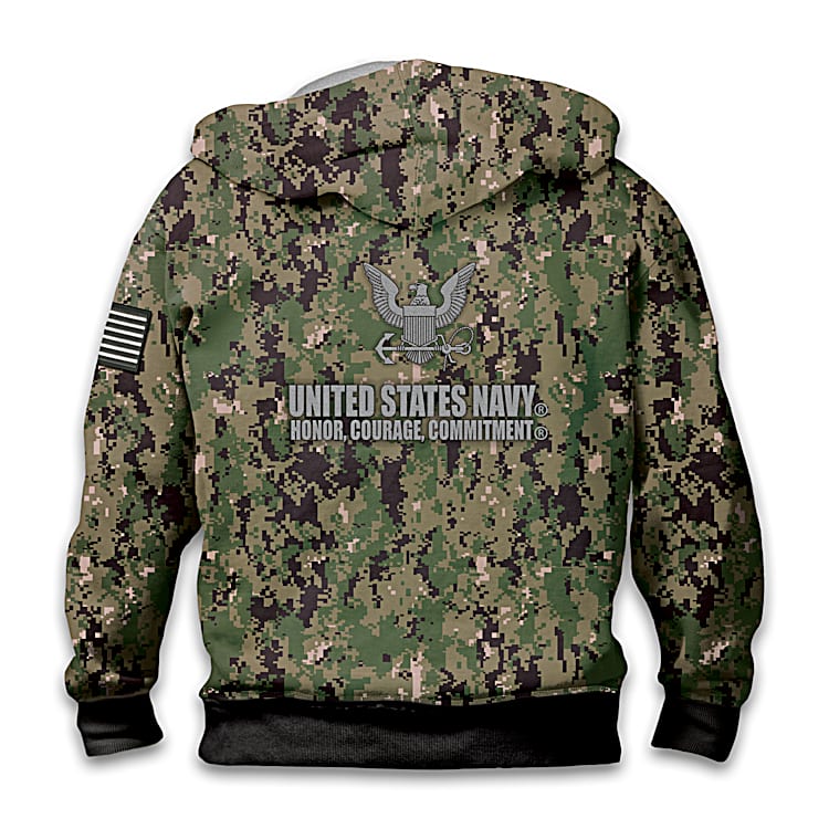 Military Camo U.S. Navy Mens Cotton Blend Full Zip Hoodie Featuring A Tonal Gray And Green Camouflage Print Design With A Thermal Knit Lined Hood