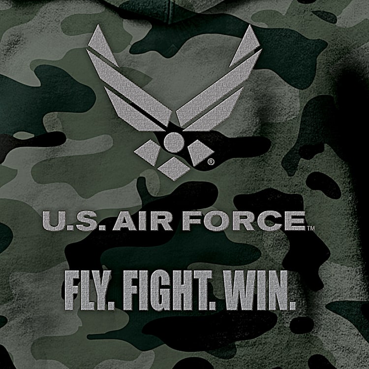 Military Camo U.S. Air Force Mens Cotton Blend Full Zip Hoodie Featuring A Tonal Gray And Green Camouflage Print Design With A Thermal Knit Lined Hood