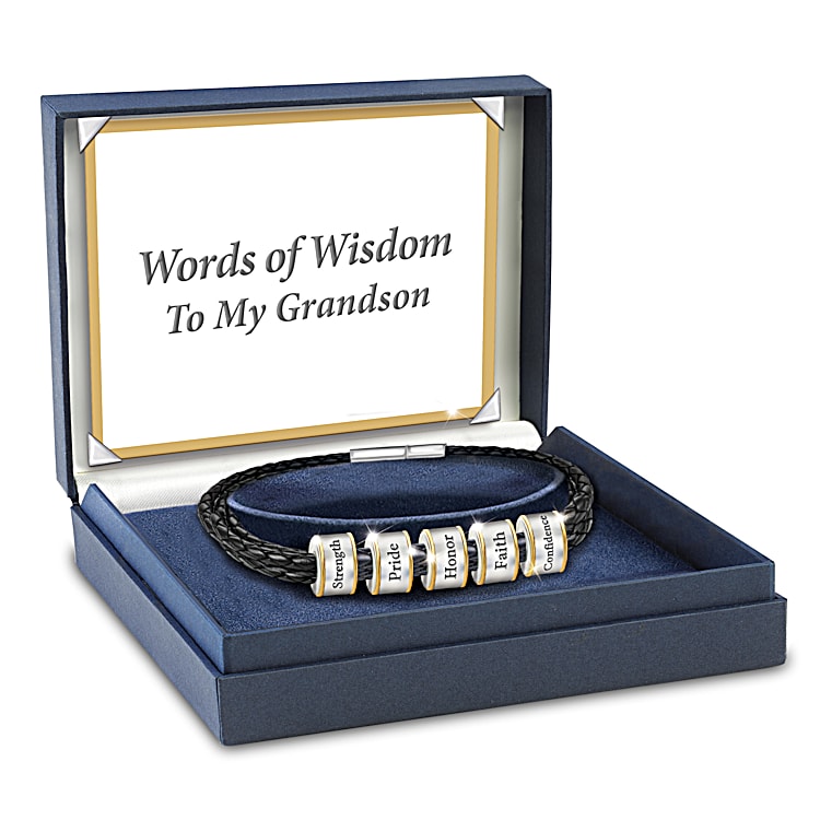 Words Of Wisdom To My Grandson Black Leather Bracelet Featuring