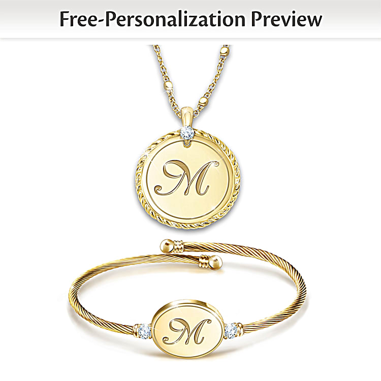 The Bradford Exchange Women s 24K Ion Plated Gold Matching Bracelet and Pendant Set Personalized with An Etched Initial Personalized Jewelry
