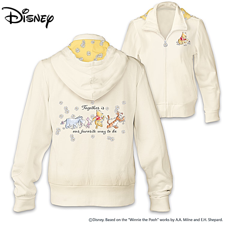 Disney Friends Together Winnie The Pooh Womens Cream Full Zip Hoodie Featuring Full Color Art On The Back