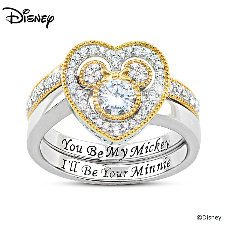 Disney Mickey Mouse And Minnie Mouse Heart Shaped Stacking Ring With 18K Gold Plated Accents Adorned With Over 1.75 Carats Of CZ Crystals