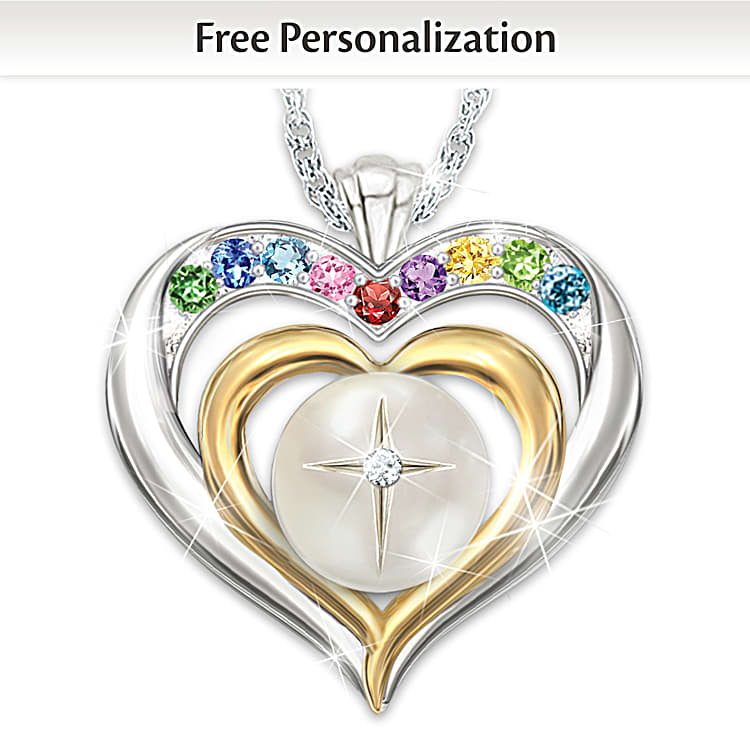 Faith And Family Heart Shaped Personalized Birthstone Pendant Necklace Featuring A Mother Of Pearl Cabochon With