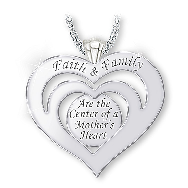 Faith And Family Heart Shaped Personalized Birthstone Pendant Necklace Featuring A Mother Of Pearl Cabochon With