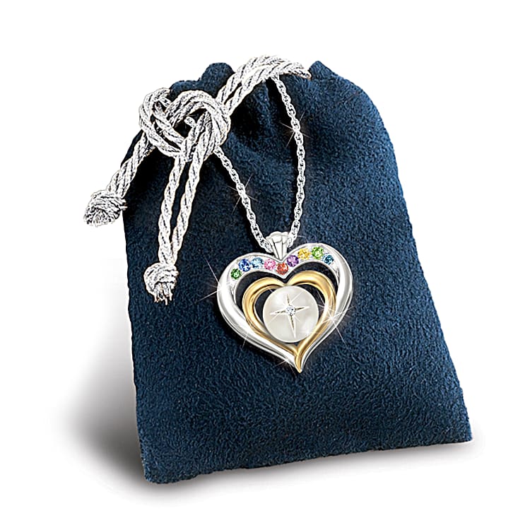 Faith And Family Heart Shaped Personalized Birthstone Pendant Necklace Featuring A Mother Of Pearl Cabochon With
