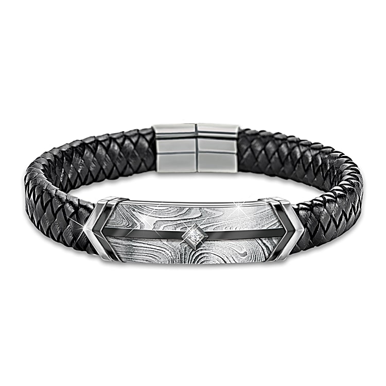 Grandson, Forge Your Own Path Woven Black Leather Bracelet Featuring A  Damascus Steel Centerpiece Adorned With A White Sapphire In The Center