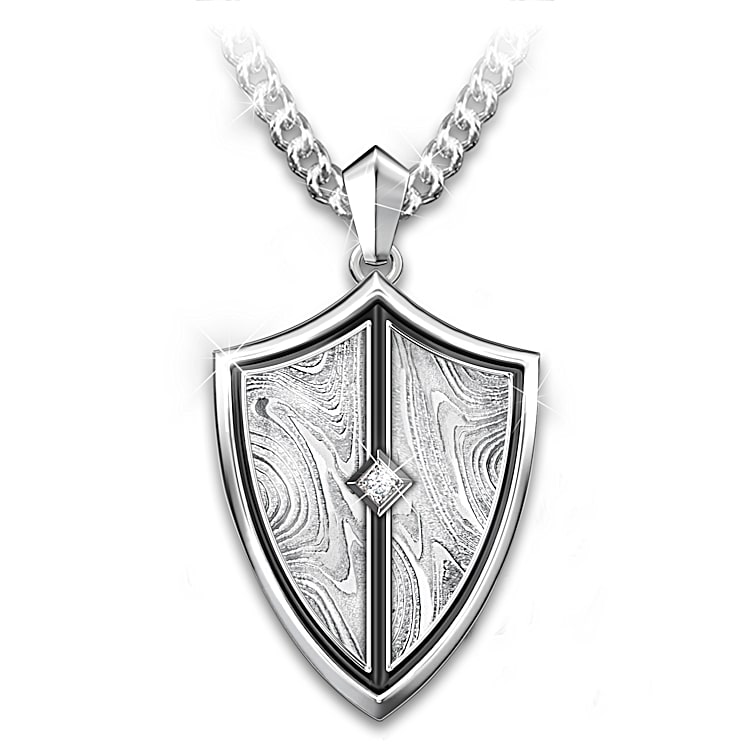 Grandson Stainless Steel Shield Pendant Featuring A Damascus Centerpiece  With A White Sapphire