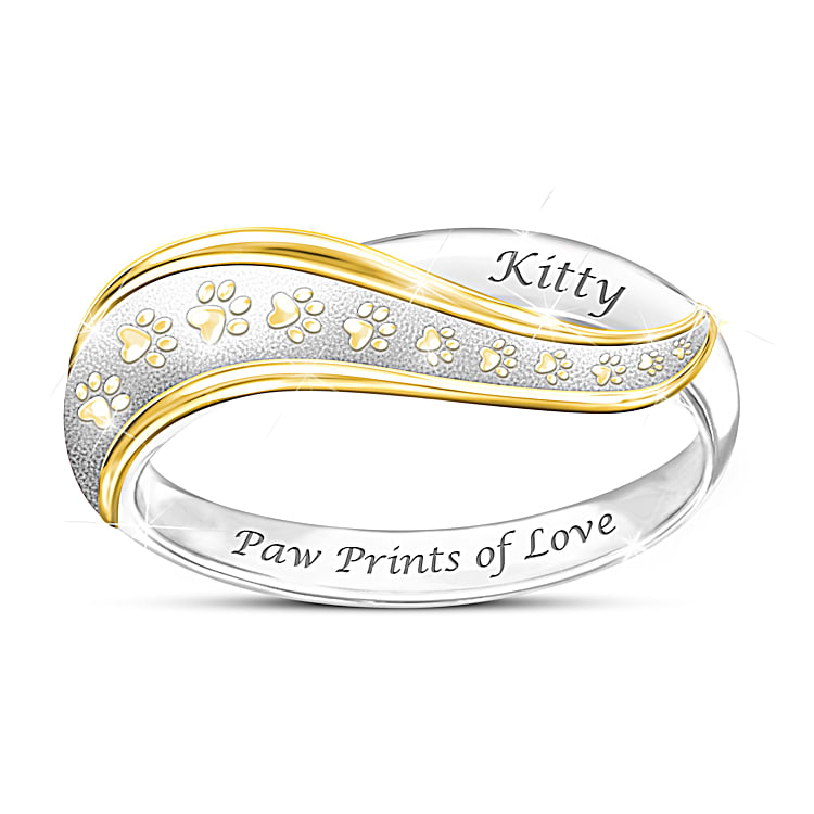 Paw Prints Of Love Sterling Silver Ring With 18K Gold Plated Accents Featuring A Wave Design With Paw Prints And Personalized With Your Dogs Name