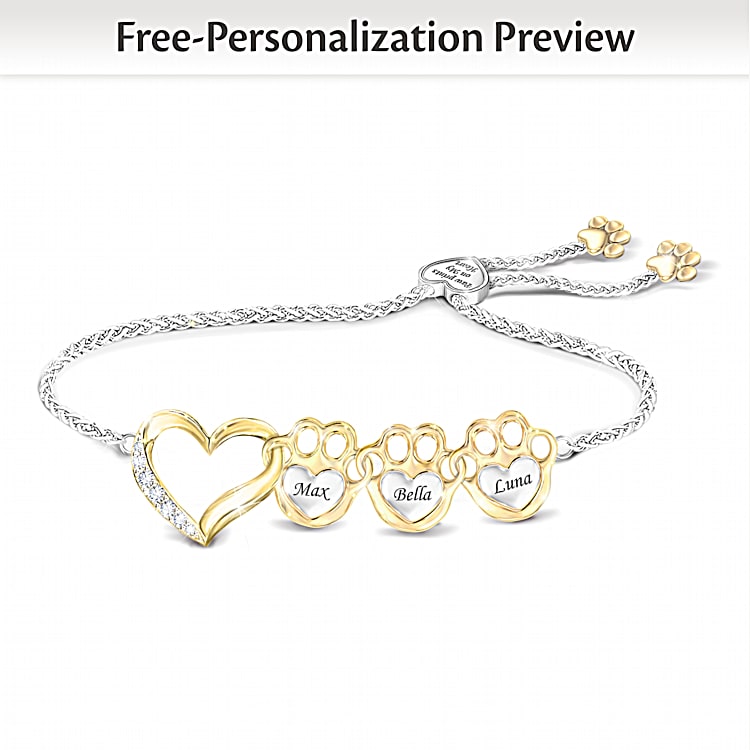 Paw Prints On My Heart Bolo Bracelet Personalized With Your Pets Names Featuring An 18K Gold