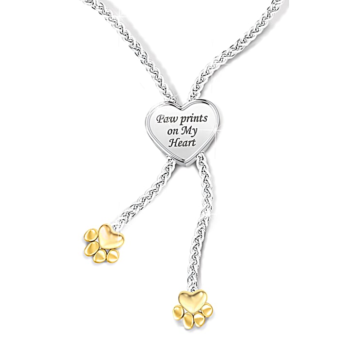 Paw Prints On My Heart Bolo Bracelet Personalized with Your Pets Names Featuring An 18K Gold Plated Heart Shaped Charm Adorned with Clear Crystals