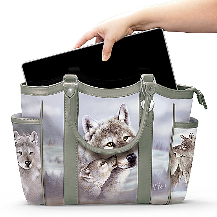 Guardians Of The Wild Womens Light Gray Poly Twill Designer-Style Shoulder Tote  Bag With Faux Leather Trim Featuring Wolf Art By Artist Eddie LePage